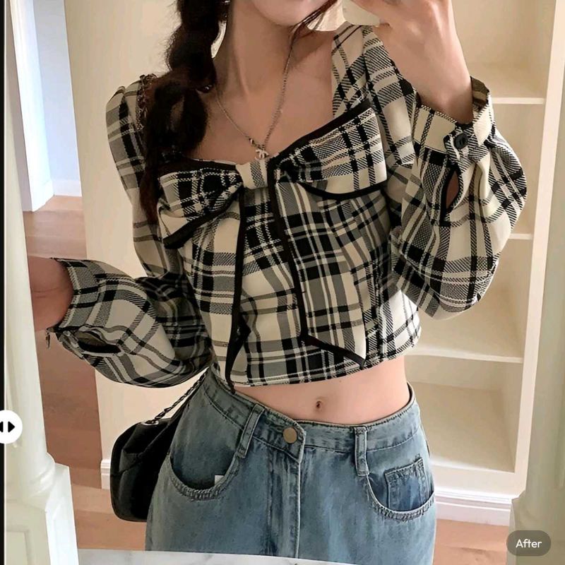 New with tag Pinterest Korean Plaid Bow Crop Top