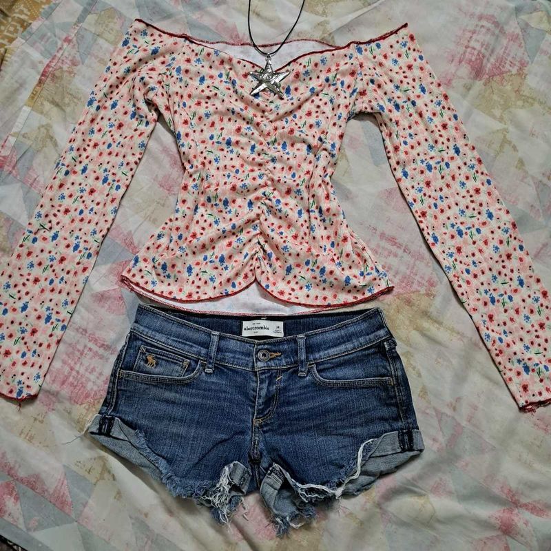 Y2k Floral Long Sleeve Off Shoulder Top