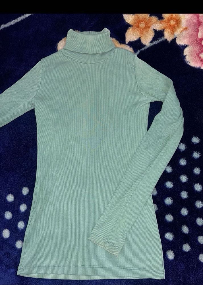 Mint Green And Black Turtleneck Top