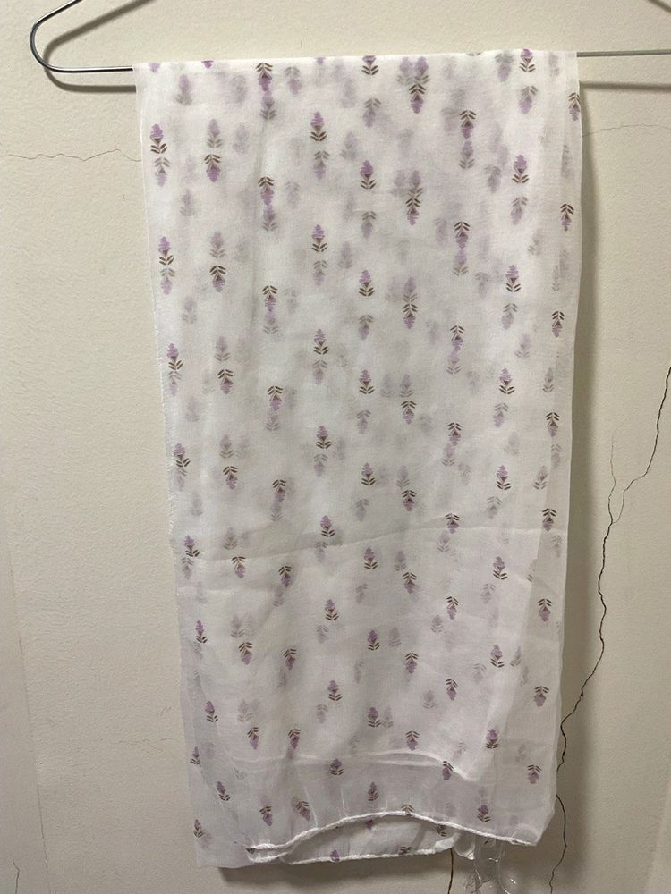 White Dupatta With Lavender Print