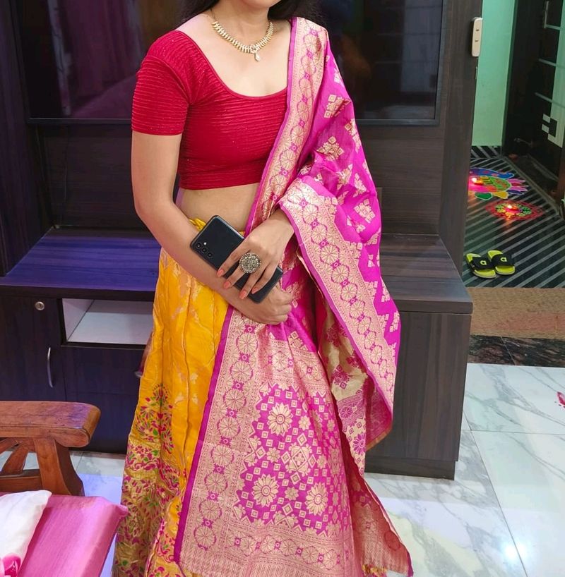 Yellow  Lehnga And Pink Dupatta