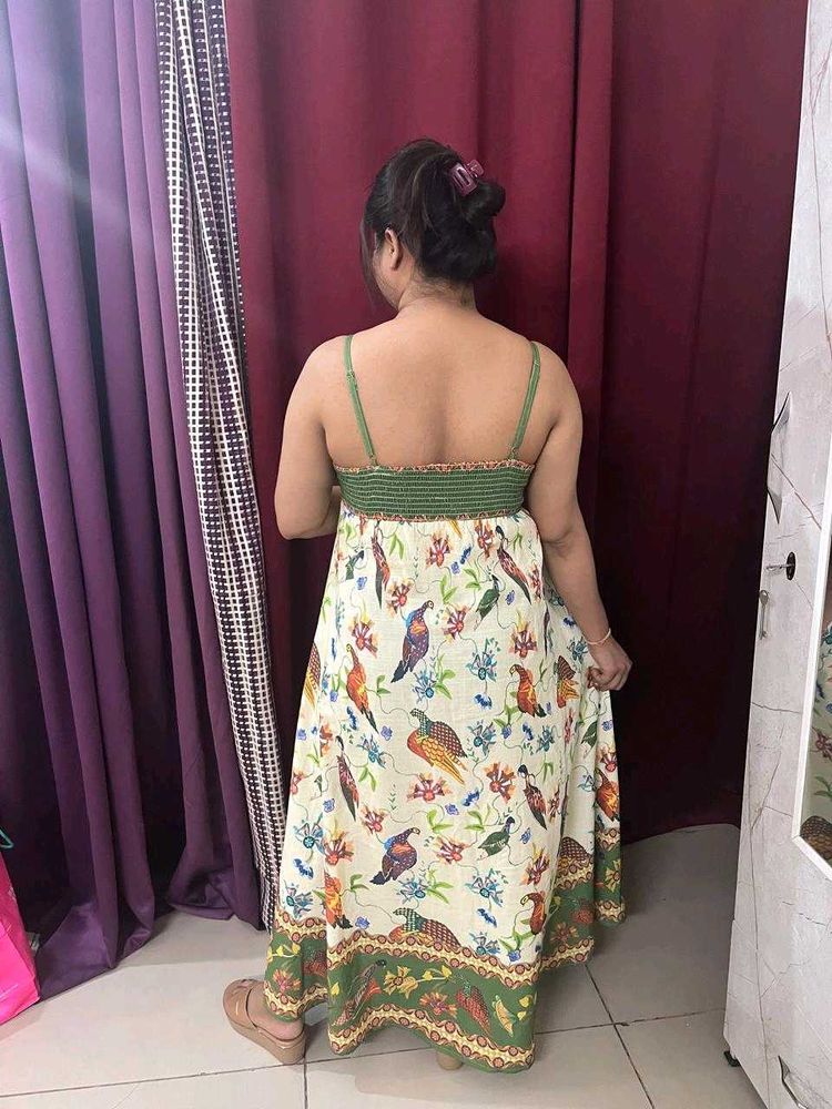 Korean Print Cotton Strappy Dress