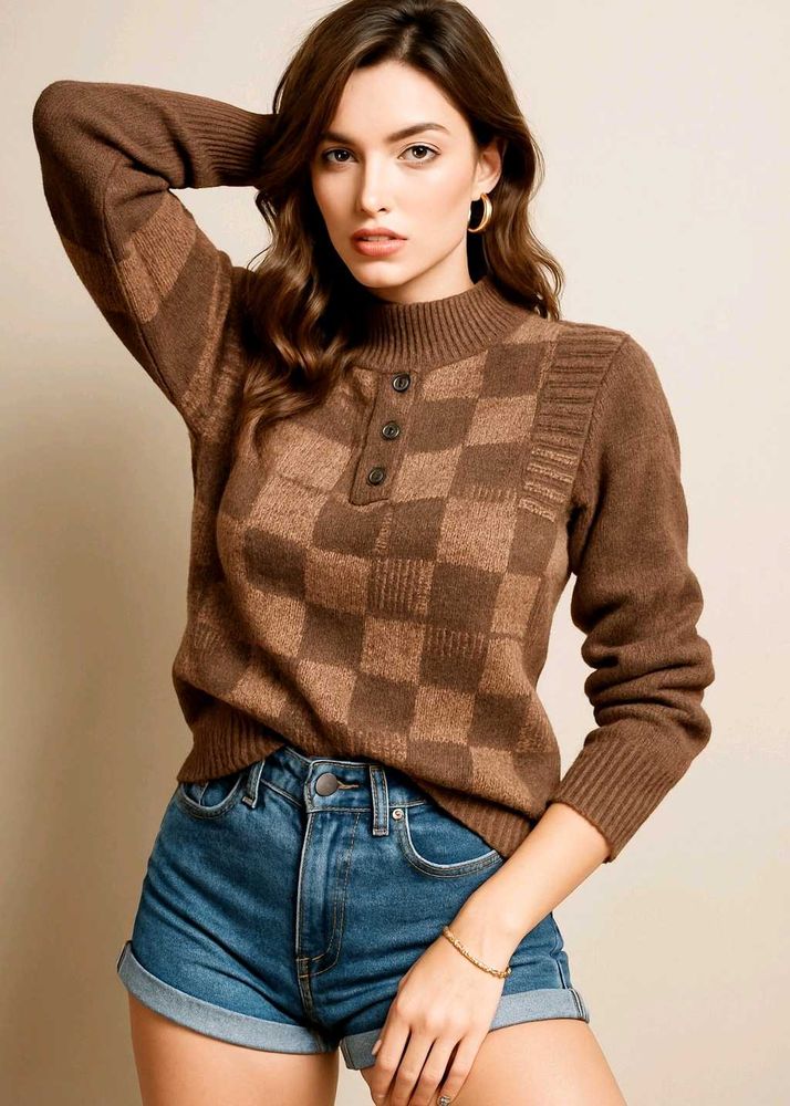 Vintage Brown Checkered Knit Sweater B