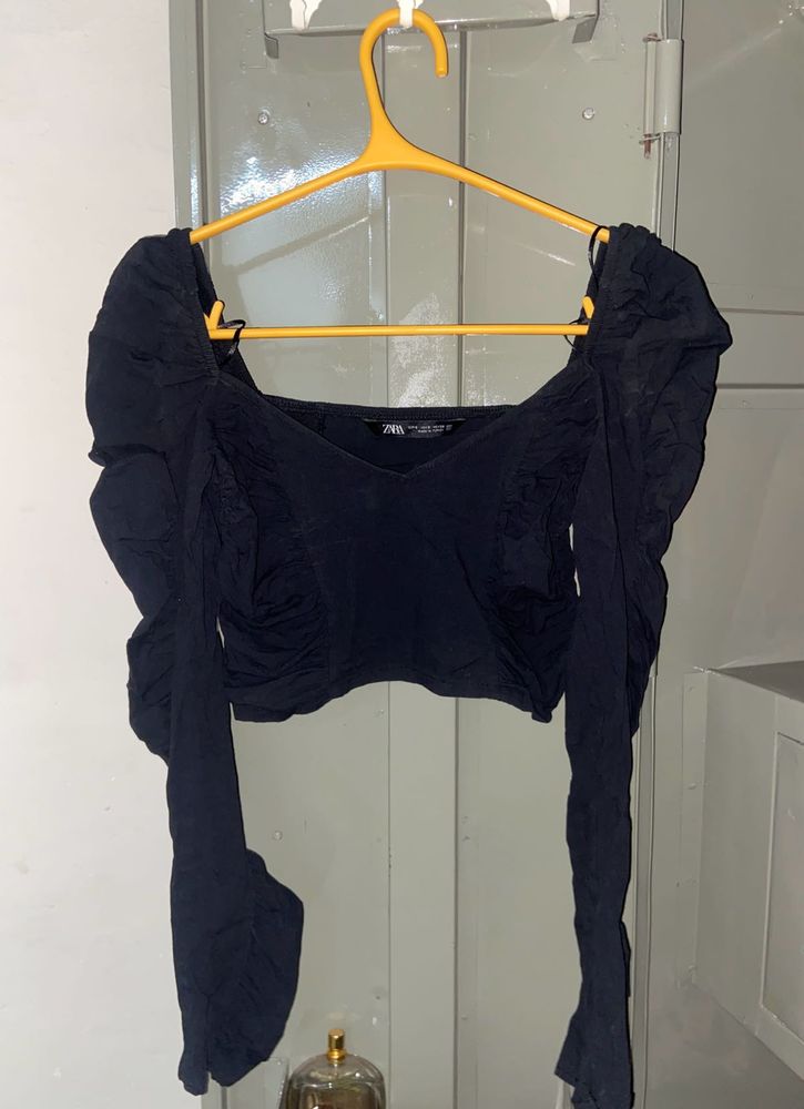 Zara Black Ruched Sleeve Crop Top