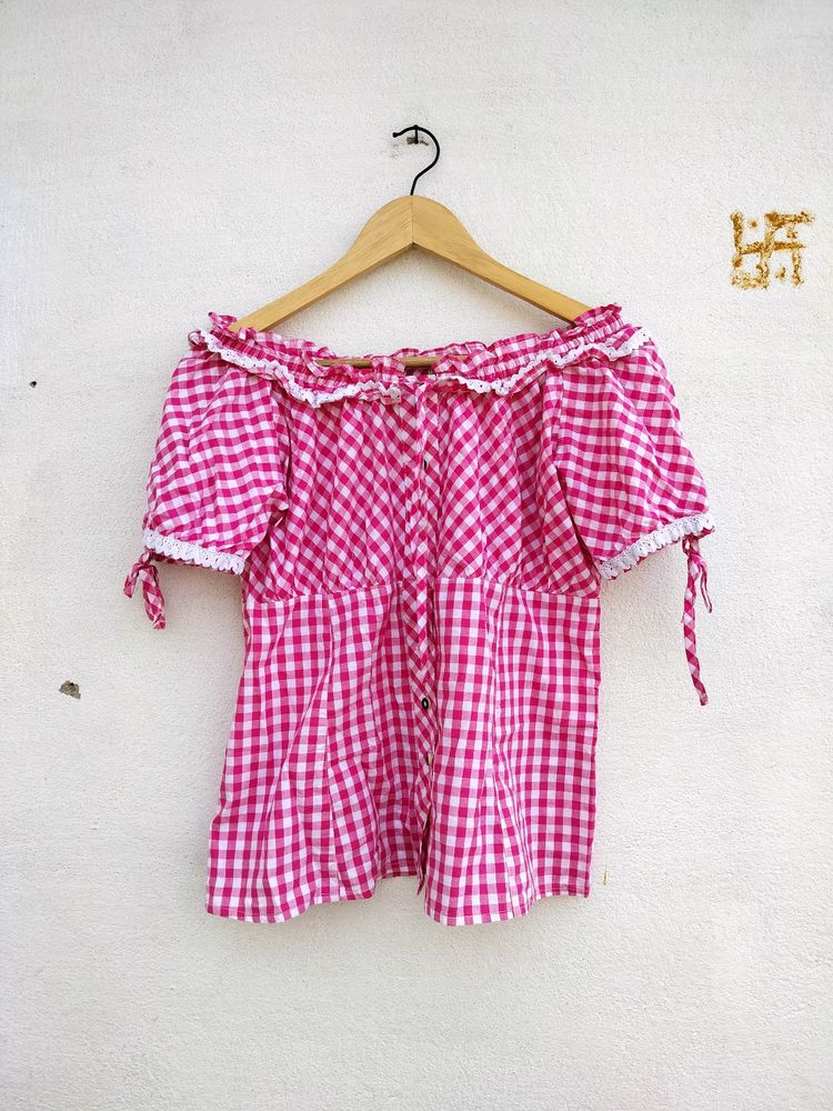 Pink Gingham Off-Shoulder Top