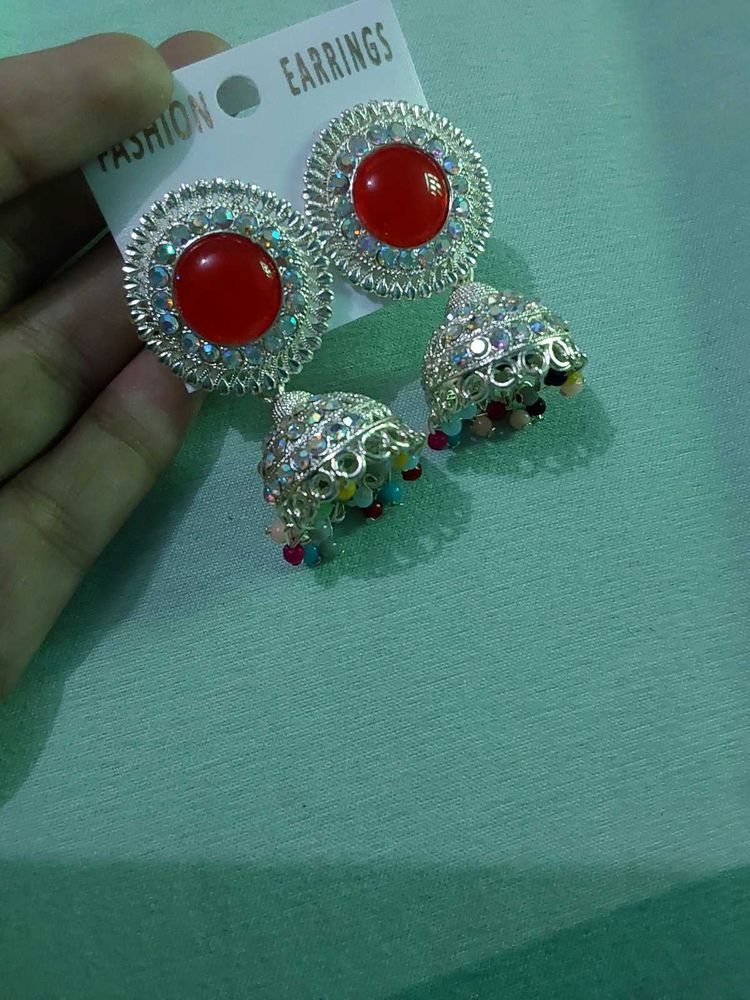 Red Stone Jhumka Earrings