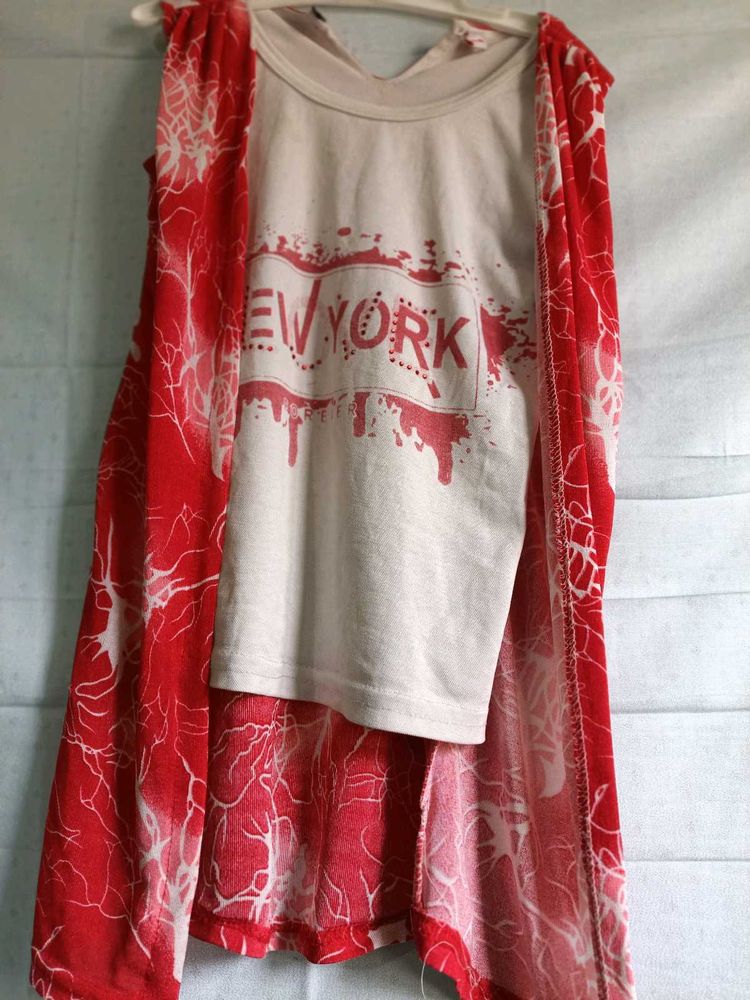 Girls&#39; Cute Top &amp; Skirt Set red and white to