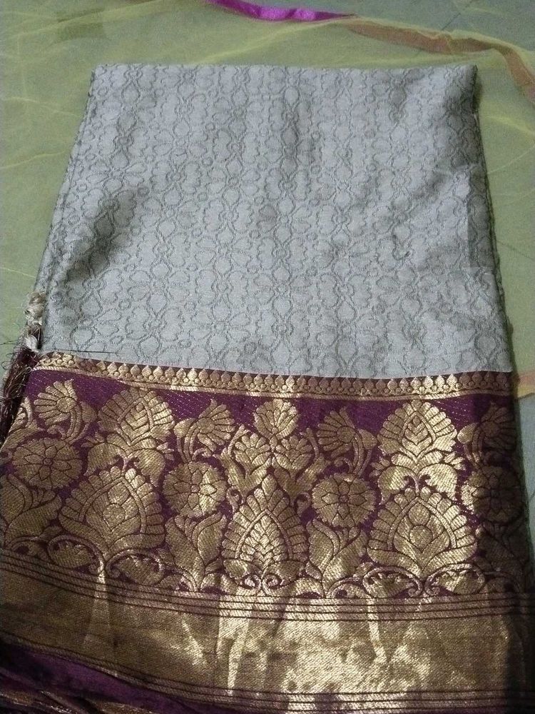 Grey Saree With Stitched Blouse