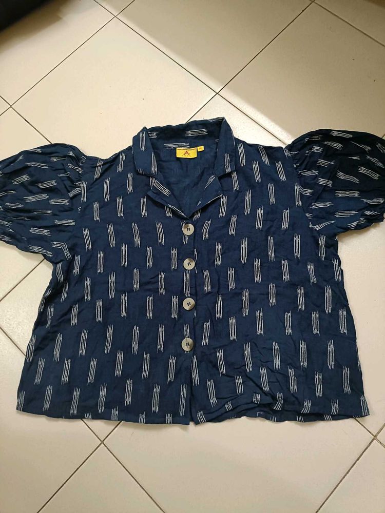 Blue Patterned Button Up Puff Sleeve Top