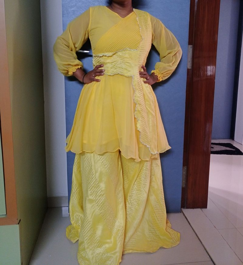 Yellow Outfit With Plazzo And Paplon Top One Sided Shrug💛