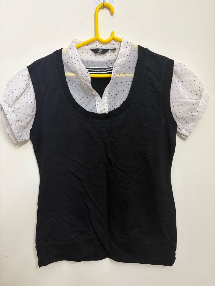 FIG Black Vest Top with Polka Dot Blouse