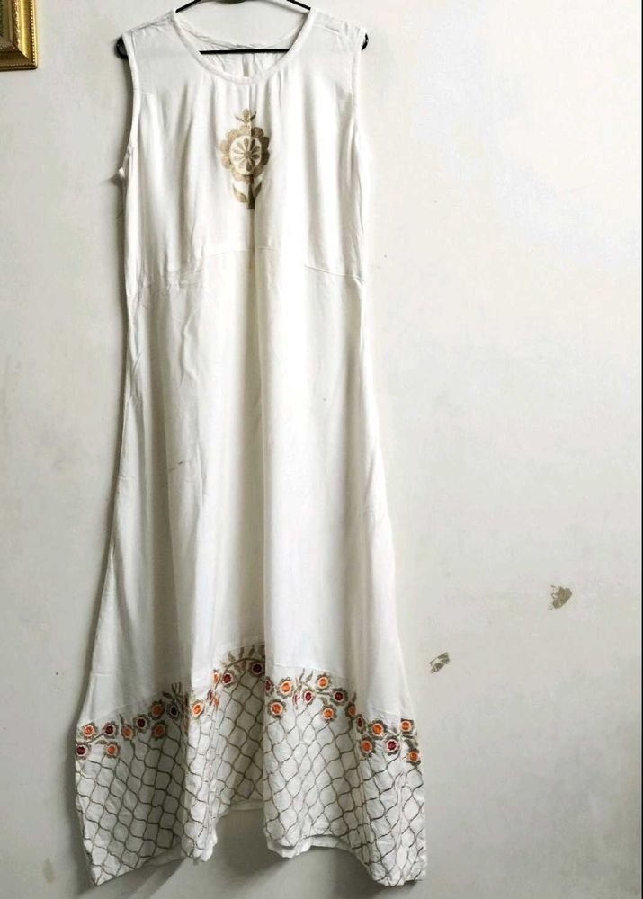 Long Gown With Embroidery On Neck And Border