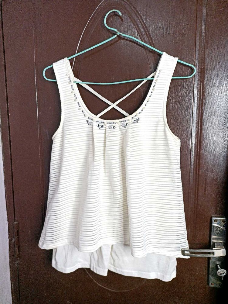 White Embellished Criss-Cross Tank