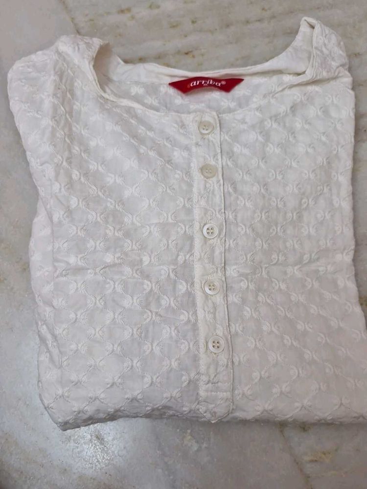 Arriba White Embroidered Button-Down Top