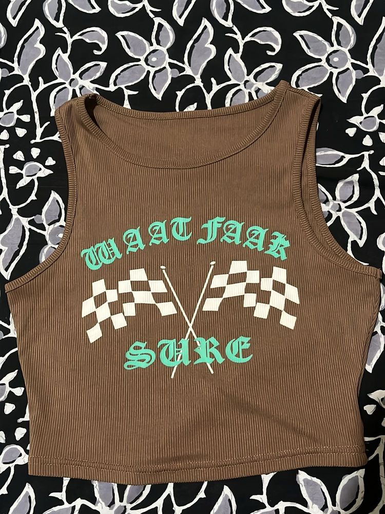 Brown Ribbed Cropped Tank Top