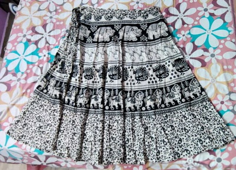 Black and White Wrap-Around Skirt with Printed Elephants