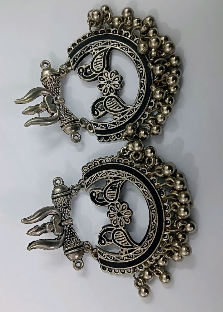 Shiv and Peacock Design Silver Oxidised Earings
