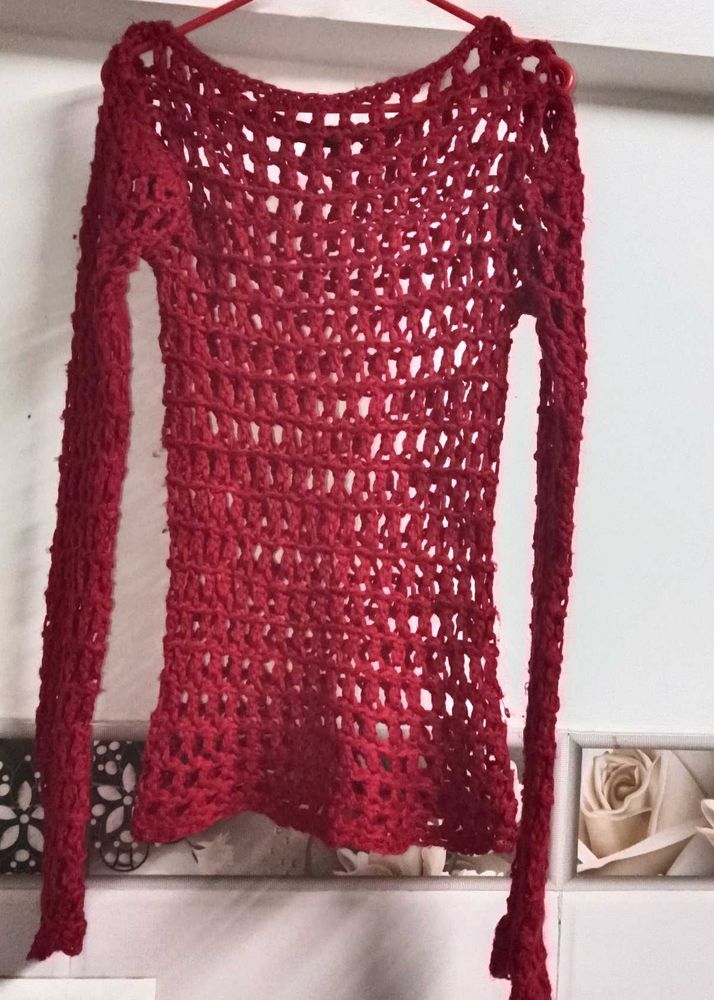Red Crochet Knit Top