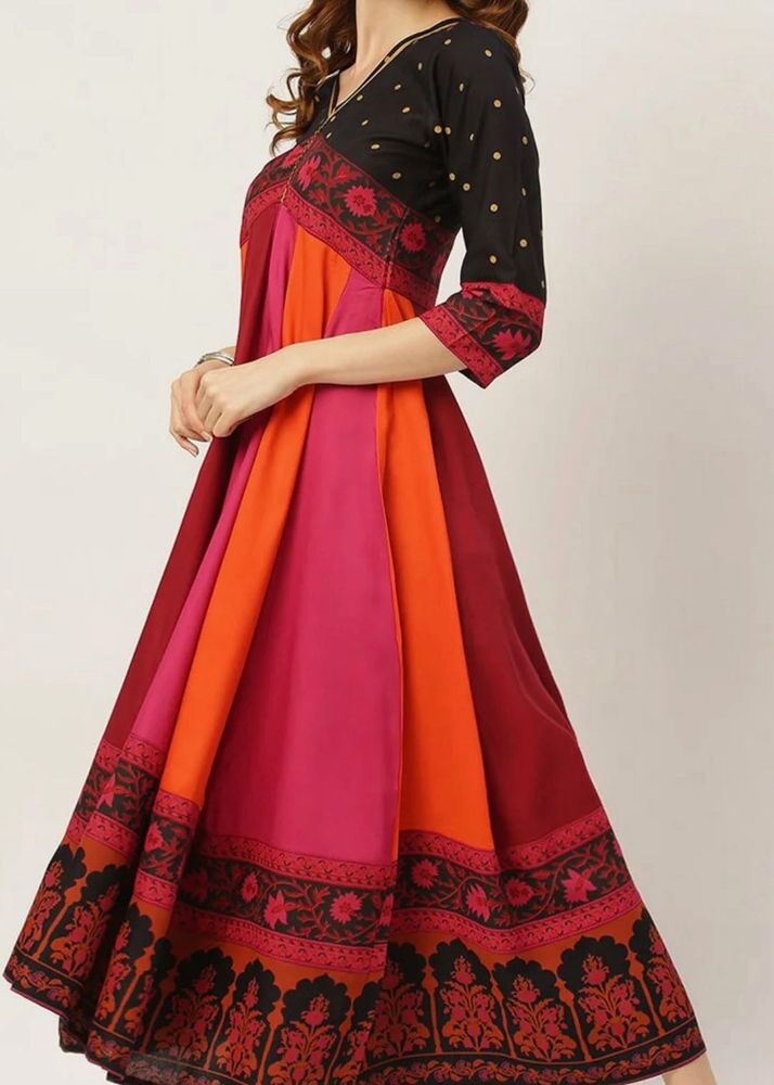 Black Multicolour Long Kalidaar Dress