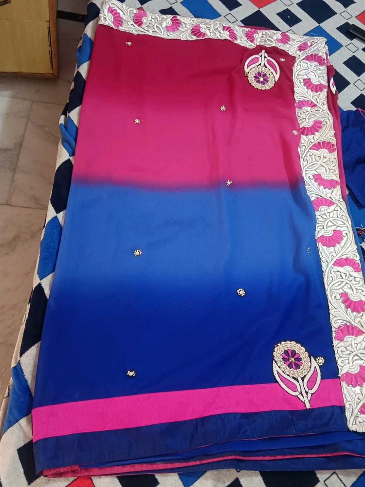 Blue &amp; Pink Embroidered Saree with blouse
