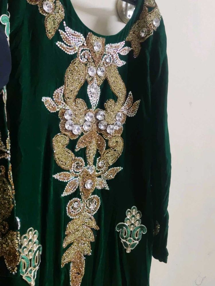 Green Embellished Velvet Dress