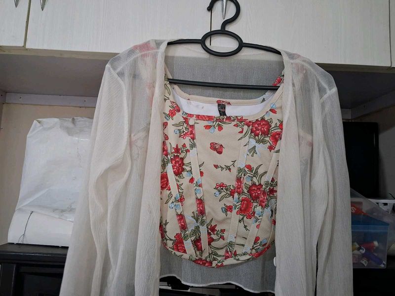 Sheer White Cardigan+Corset Top +Floral Blouse