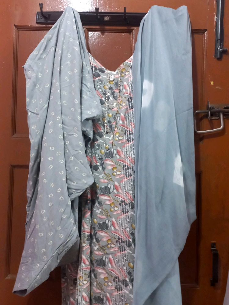 Printed Greysuit With Salwar With A Beautiful Bandhni Dupata, Cotton