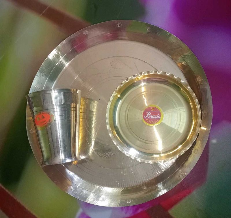 Brand New Bronze Thali With Brass Plate And Glass