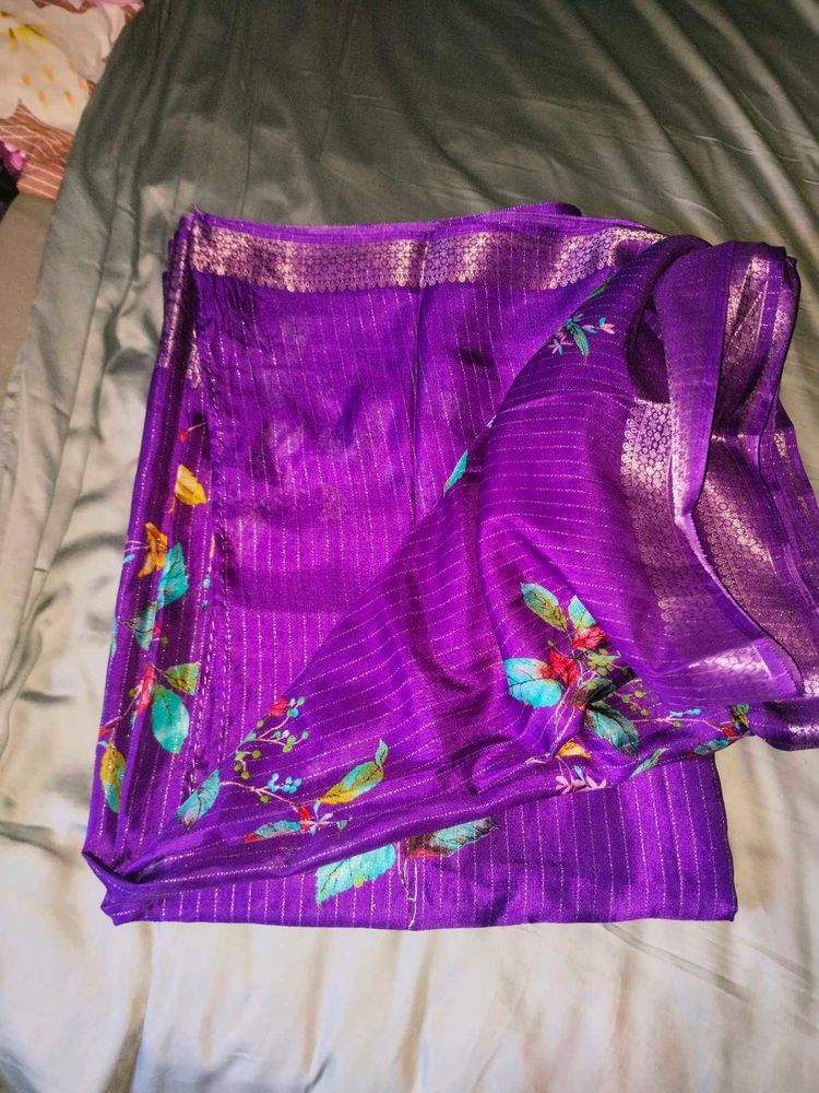 Violet Floral &amp; Striped Saree
