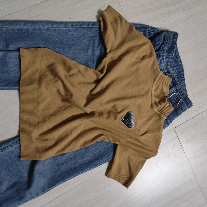 Tan Sweater with Heart Patch