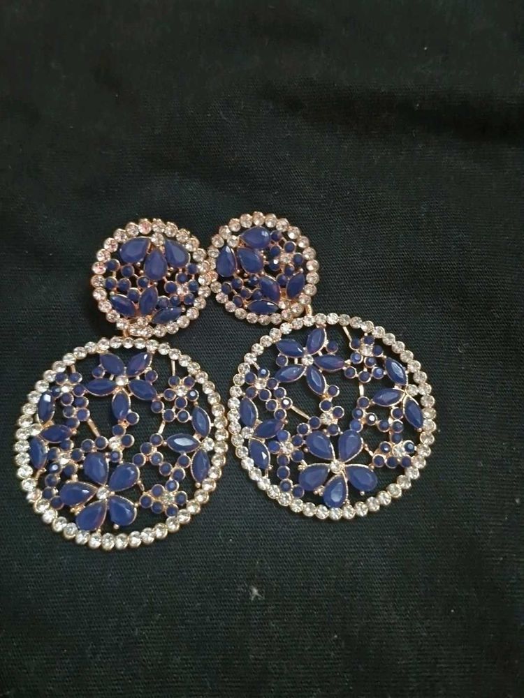 Navy &amp; Rhinestone Flower Earrings