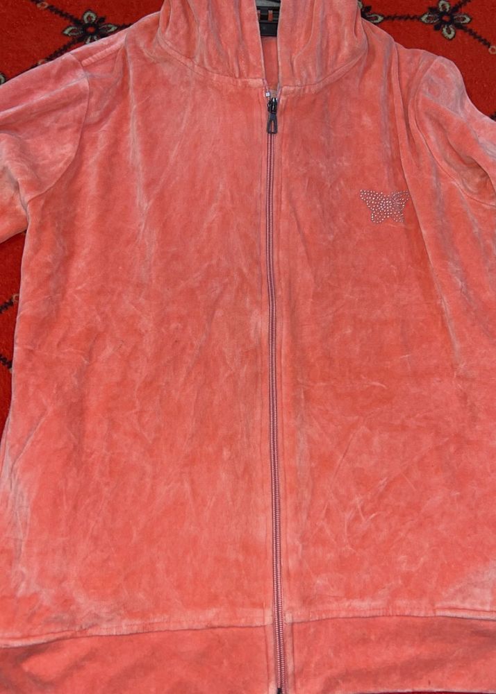 Coral Velour Zip-Up Hoodie