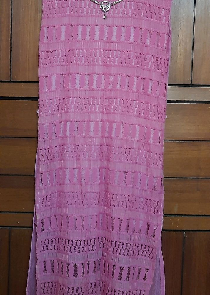 pink self color allover lace work sleeveless kurta