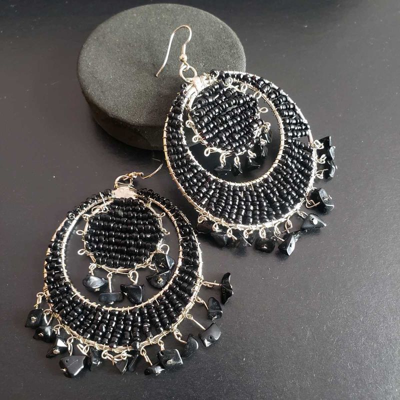 Stunning Black Beaded Hoop Earrings