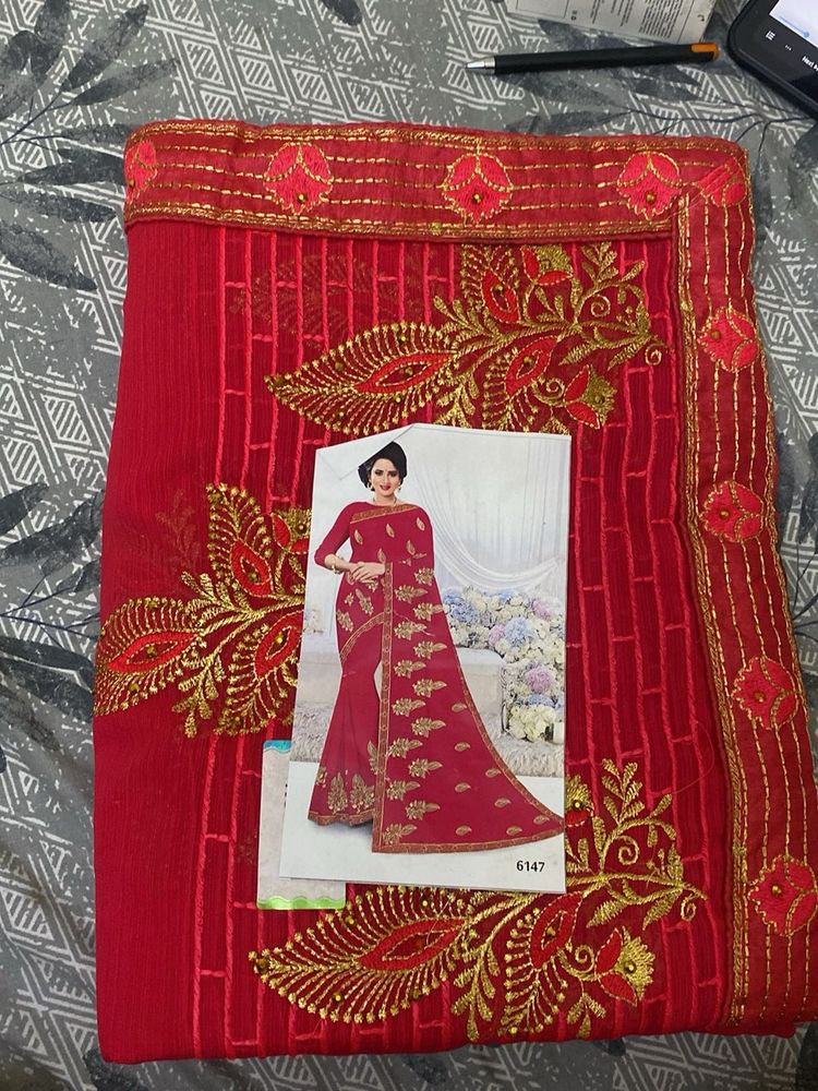 Elegant Red Embroidered Saree
