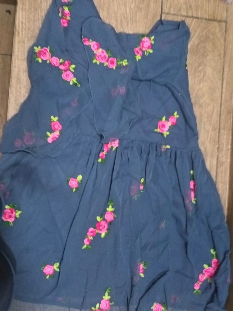 Blue Floral Midi Length Frock