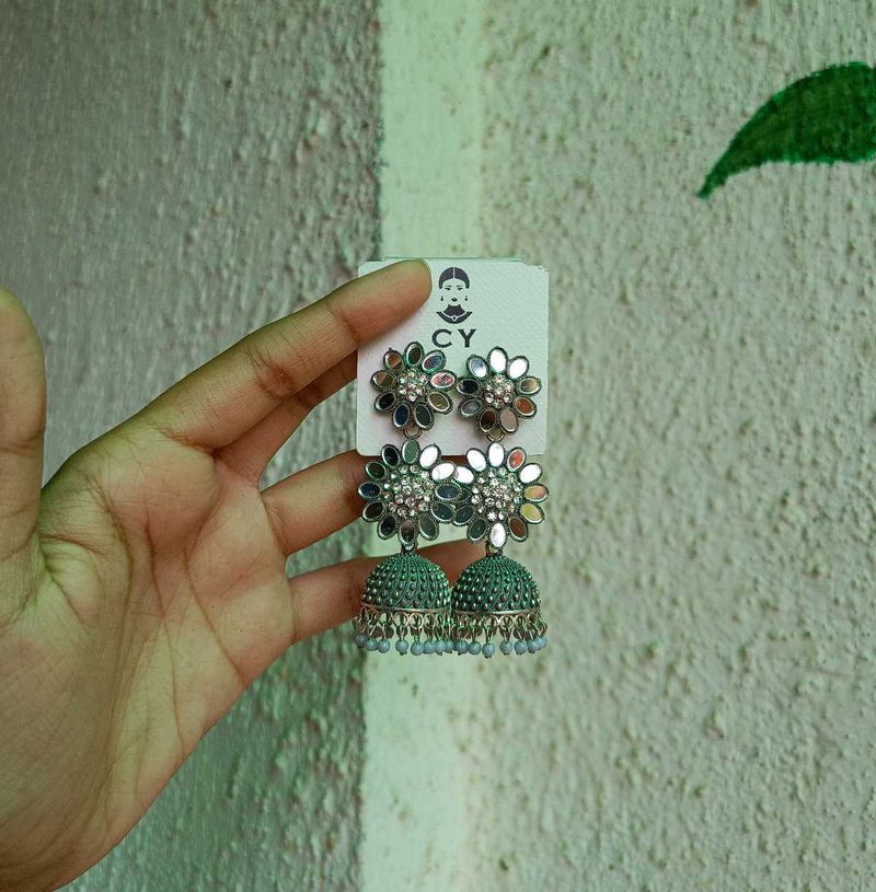 Mirror Sunflower Silver Jhumka🤍
