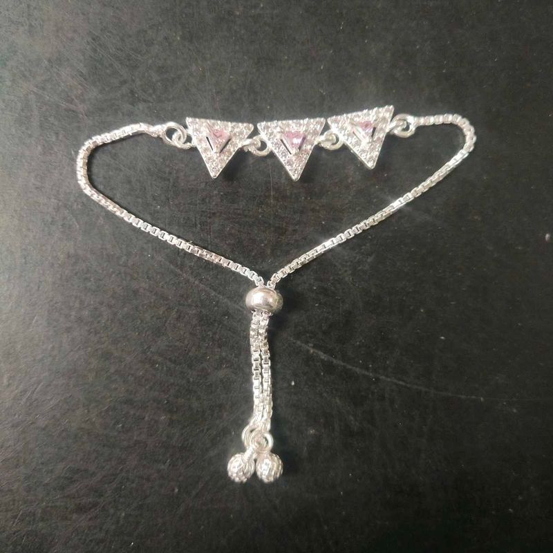 Pure Silver Pink CZ Stone Adjustable Hand Bracelet