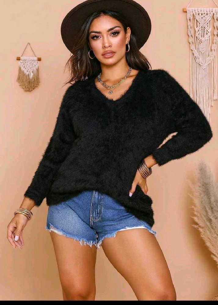 🎁 Buy1 Get1 Free Black Fuzzy V-Neck Sweater F