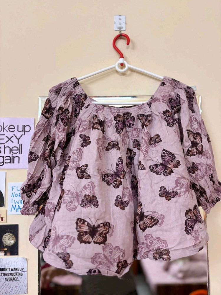 Pink Butterfly Print Casual Top