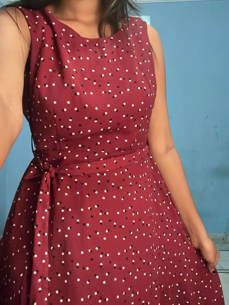 Burgundy Polka Dot Fit &amp; Flare Dress