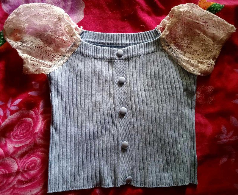 Blue Ribbed with Lace Sleeves