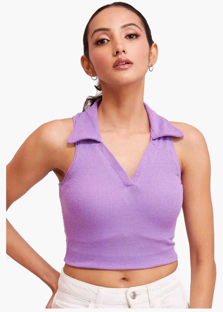 Lilac Ribbed Polo Crop Top