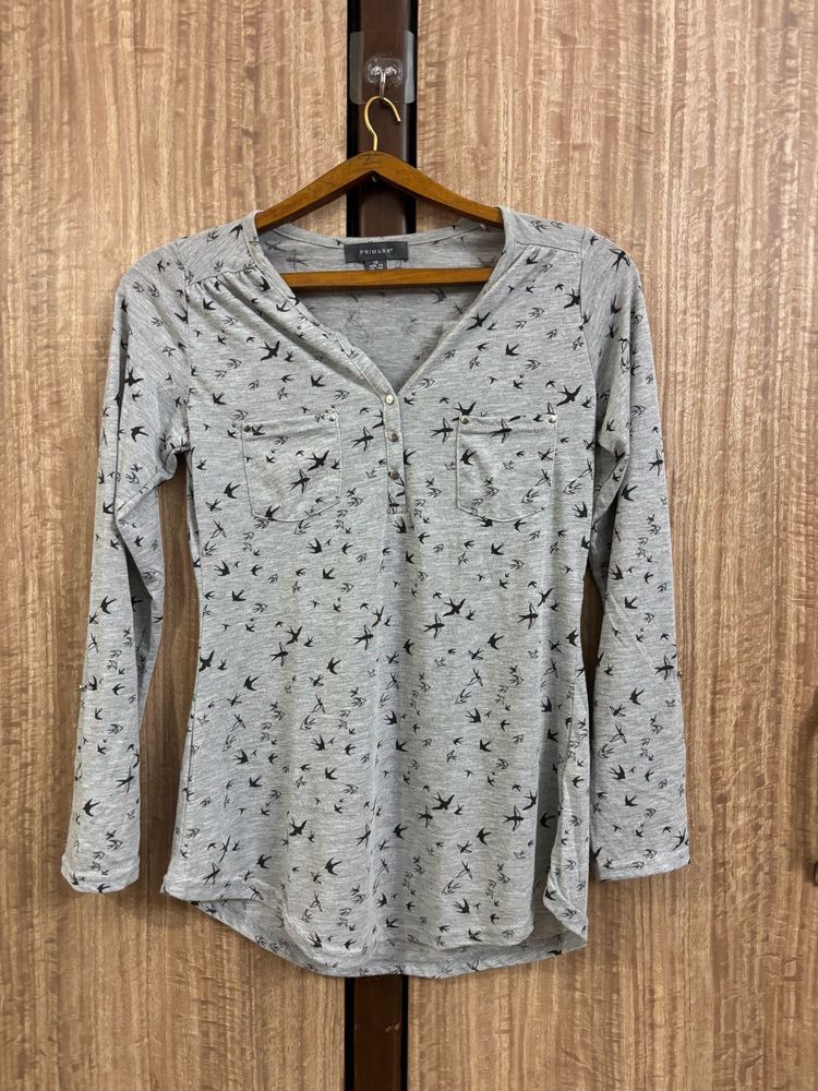 Grey Bird Print Long Sleeve Henley Top – S