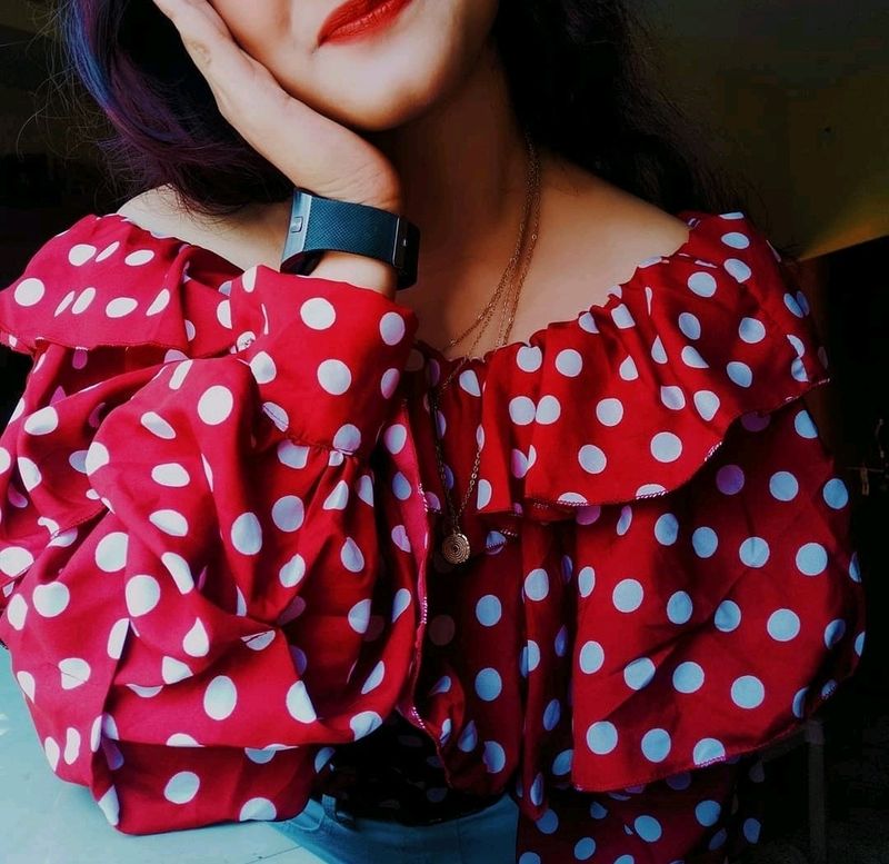 Full Sleeves Polka Print Women Red Off Shoulder Crop Top