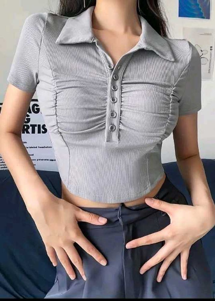 Grey Ribbed Polo Crop Top