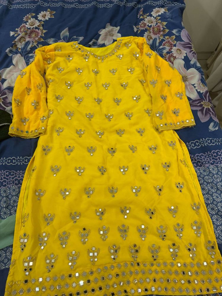 Yellow Mirror Work Kurta Pant Set