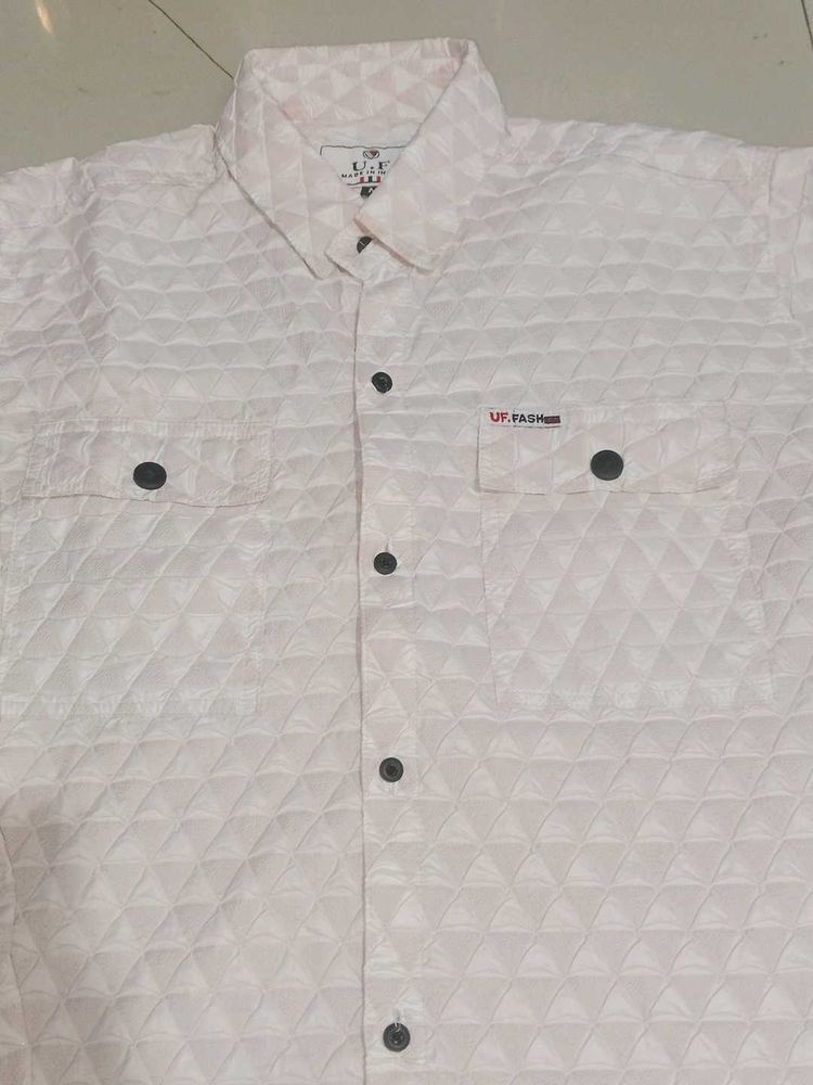 Textured White Button-Down Shirt