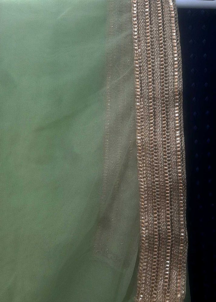 Pista Green Net Duppata With Golden Boarder