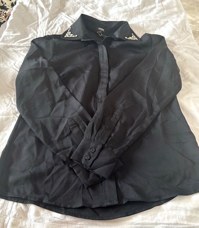 Embellished Collar Black Blouse